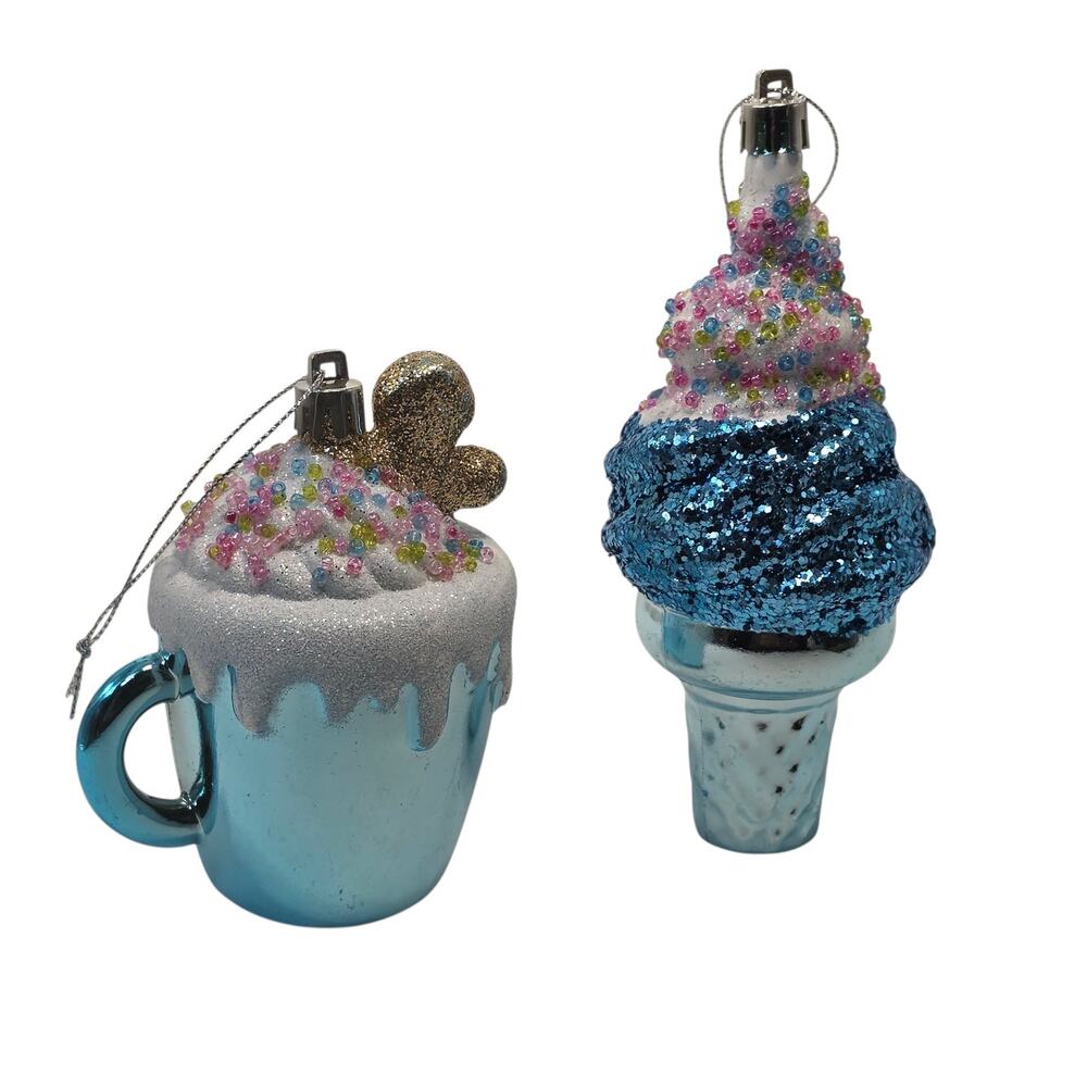 Shatterproof Blue Ice Cream Cone & Coffee Mug Christmas Tree Ornaments Set of 2
